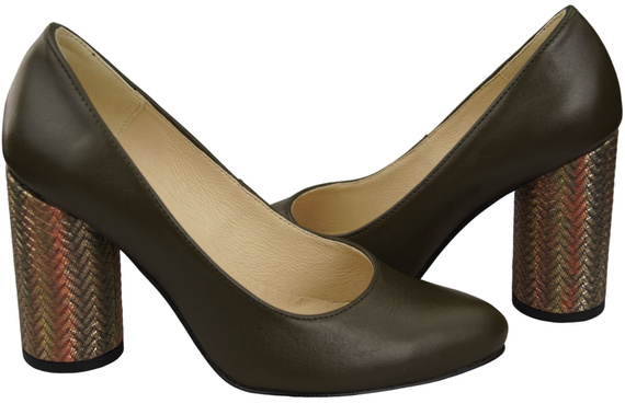 Dámská obuv Olivové kožené lodičky Barevný ozdobný podpatek 194 ElitaBut