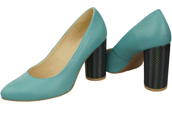 Dámská obuv Tyrkysové lodičky z přírodní kůže Barevný ozdobný podpatek 194 ElitaBut