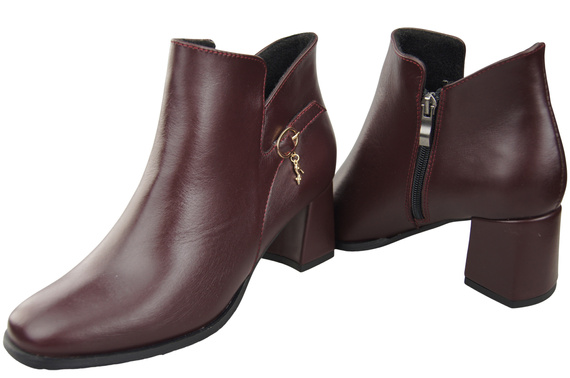 Dámské kotníkové boty ElitaBut 226 Maroon z pravé kůže, zateplené, hranatá špička, široký podpatek (blok)