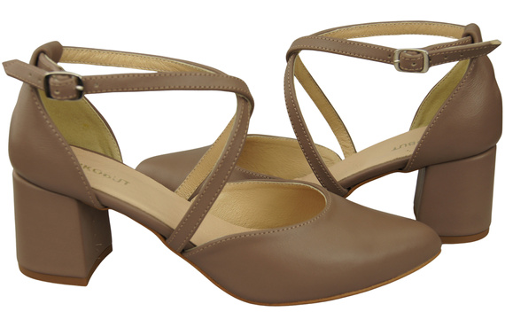 Elegantní Cappuccino tmavé kožené sandály s otevřenými boky na robustním podpatku 218 ElitaBut