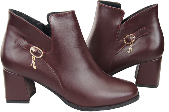 Dámské kotníkové boty ElitaBut 226 Maroon z pravé kůže, zateplené, hranatá špička, široký podpatek (blok)