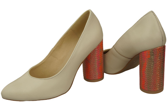 Dámská obuv Béžové lodičky z přírodní kůže Barevný ozdobný podpatek 194 ElitaBut