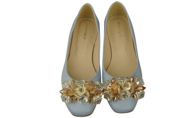 Dámské lodičky světle modré s krystaly ploché přírodní kůže 216 ElitaBut