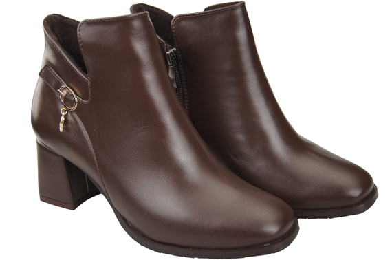 Dámské kotníkové boty ElitaBut 226 Čokoláda z pravé kůže, zateplené, hranatá špička, široký podpatek (blok)