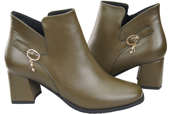 Dámské kotníkové boty ElitaBut 226 Olive z pravé kůže, zateplené, hranatá špička, široký podpatek (blok)