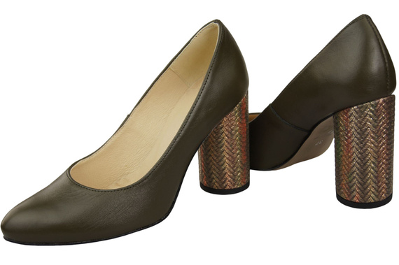 Dámská obuv Olivové kožené lodičky Barevný ozdobný podpatek 194 ElitaBut