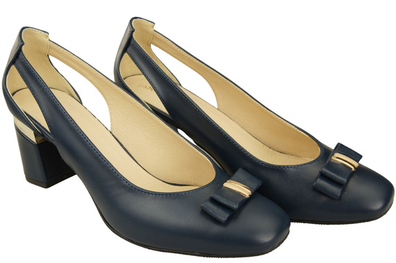 Dámské tmavě modré kožené lodičky s ozdobným podpatkem 199 ElitaBut