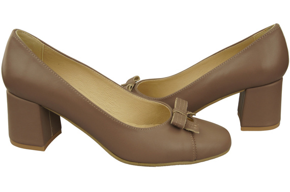 Dámské lodičky s mašlí Cappuccino Tmavě přírodní kůže a nízkým podpatkem 203 ElitaBut